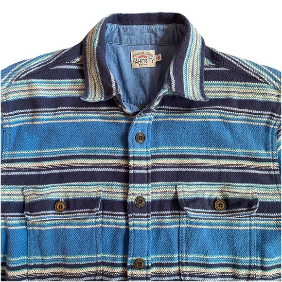 Faherty Blue Durango CPO Shirt Jacket Small Blanket Stripe Flannel Overshirt - Picture 1 of 9